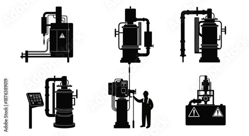 Industrial Machinery Black Silhouettes Set of Six Equipment on White Background