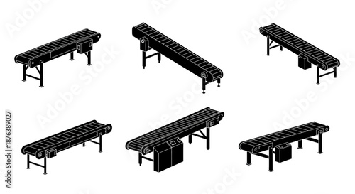 Isolated Black Conveyor Belts on White Background Industrial Systems