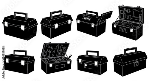 Black Toolbox Collection Open and Closed on White Background
