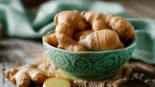 A bowl of ginger on wooden table