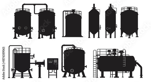 Industrial Silhouettes Black Processing Tanks and Vessels on White Background