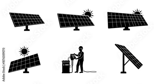 Black Solar Panel Array with Worker Silhouette Icon Set