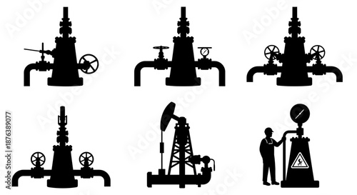 Black Silhouette of Oil Industry Equipment on White Background