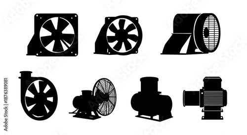 Black Industrial Fan Silhouettes Collection on White Background