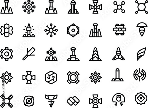 Futuristic space colony defense towers and mining infrastructure line icons for sci-fi strategy game and technology design.