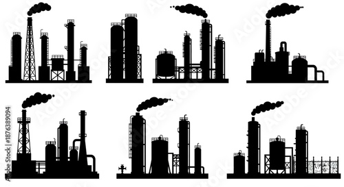 Black Industrial Silhouettes of Factories and Power Plants on White Background