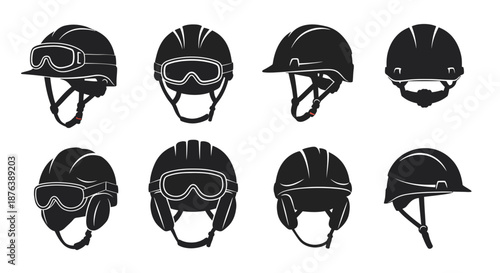 Black Protective Helmets Set Safety Headgear on White Background