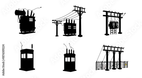 Black Electrical Transformers Silhouettes on White Background Energy Grid