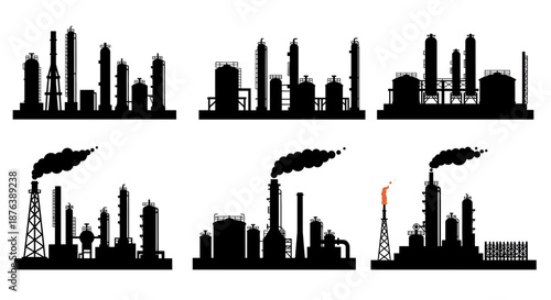 Black Factory Silhouette Industrial Plant, Petrochemical Production on White Background
