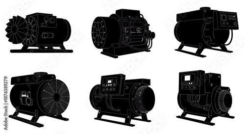 Generator Black Silhouette on White, Power System Equipment Collection