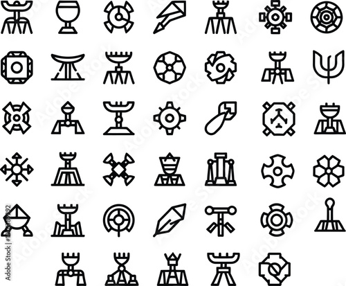 Futuristic space colony infrastructure line icons and alien planet mining base symbols for science fiction game and technology projects.