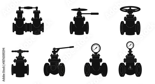 Valve Silhouette Set Black Industrial Pipeline Elements on White