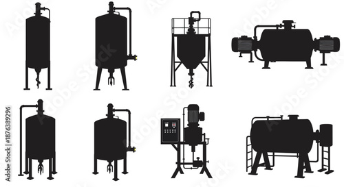 Industrial Tank Black Silhouette Collection on White Background