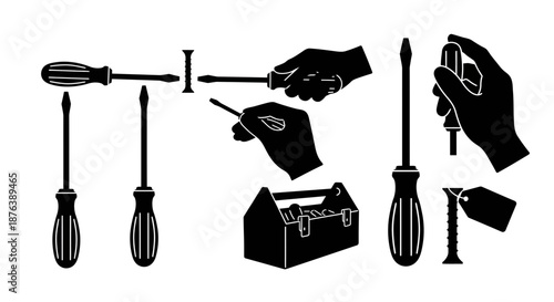 Black Screwdrivers and Toolbox Icons Set on White Background