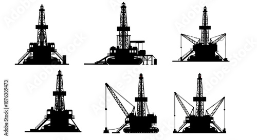 Black Silhouette Oil Rigs on White Background Showing Power and Energy Industry