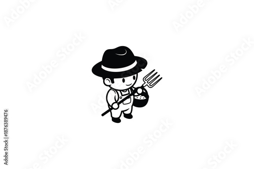 cartoon farmer holding pitchfork and basket  illustration