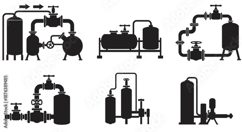 Black Industrial Plant Silhouettes on White Background