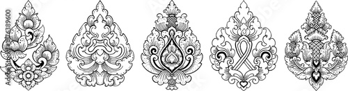Set of Traditional Thai and Lao style vector ornaments. Hand drawn outline floral and mythical decorative elements for tattoo or design.