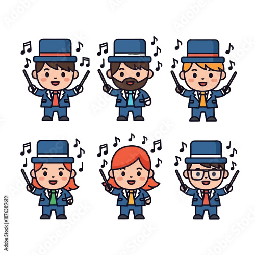 Six cute, diverse cartoon conductors wearing blue suits and top hats energetically waving batons with musical notes on transparent background