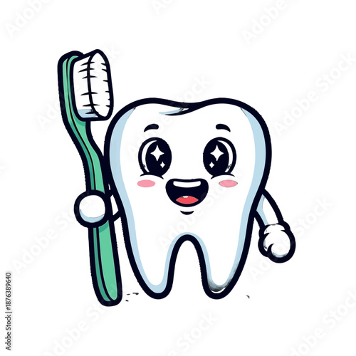 Adorable sparkling cartoon molar character holding a bright green toothbrush ready for dental care on transparent background