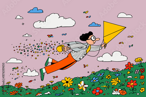 Whimsical Springtime Scene with a Kite and Colorful Flowers