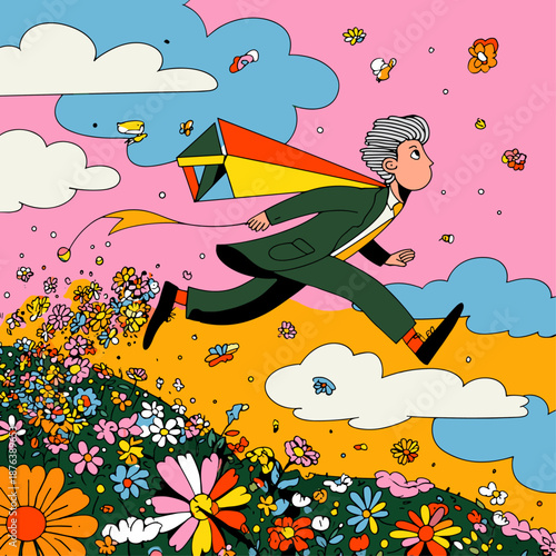 Whimsical Springtime Scene with a Kite and Colorful Flowers