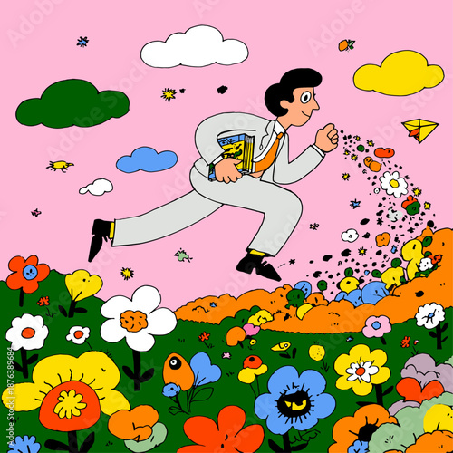 Whimsical Springtime Scene with a Kite and Colorful Flowers