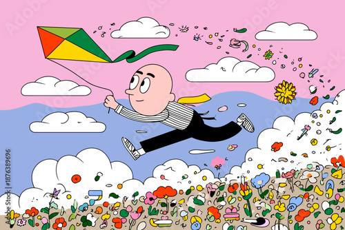 Whimsical Springtime Scene with a Kite and Colorful Flowers