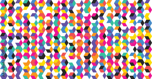 Multicolored 3D hexagons arranged in a repeating pattern on a white background hexagon colorful geometric