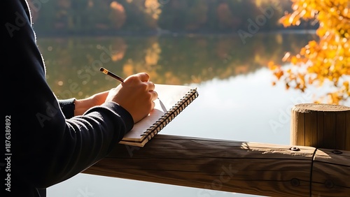 A person writing in a notebook by a serene lake during autumn