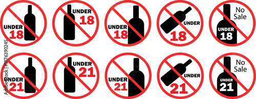 A collection of prohibition signs, a red circle, a crossed-out wine bottle, warning: "Accessible to 18 and over." A minimalist sign for a bar, restaurant, or pub, indicating alcohol for adults only