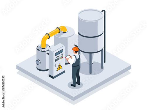 Isometric vector illustration of an industrial engineer inspecting storage tanks and pipelines via a control panel in a modern manufacturing plant for process safety and automation maintenance