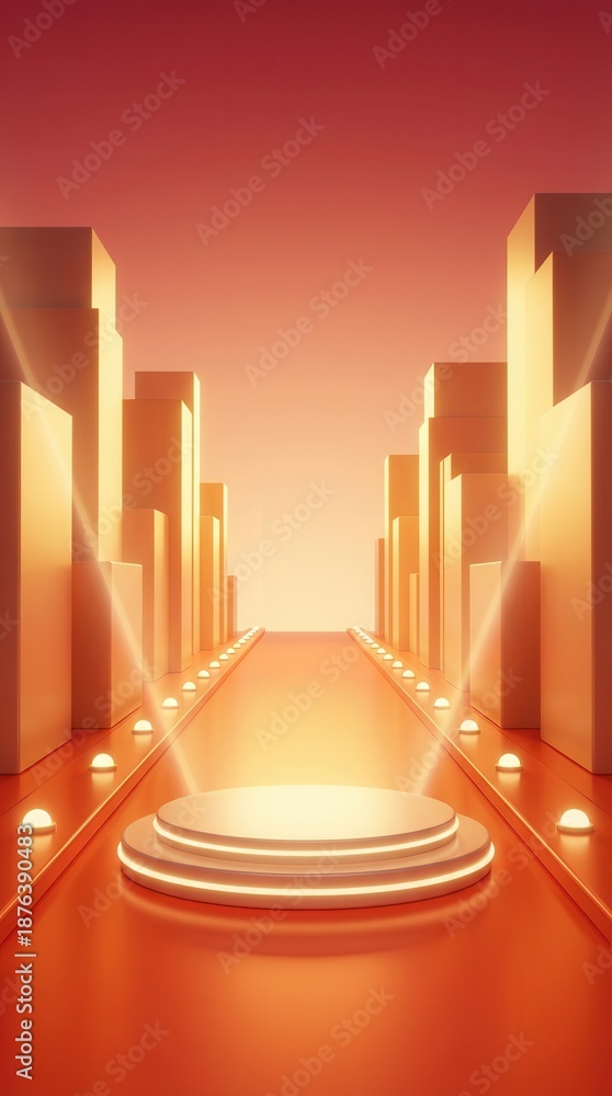 Fototapeta premium Modern Cityscape with Illuminated Stage and Abstract Buildings in Warm Tones.