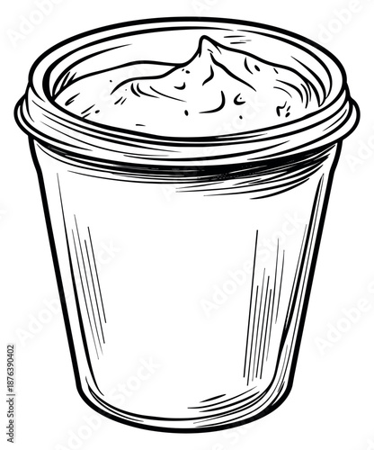 Hand drawn line art illustration of a sauce cup depicting a creamy condiment for restaurant menus