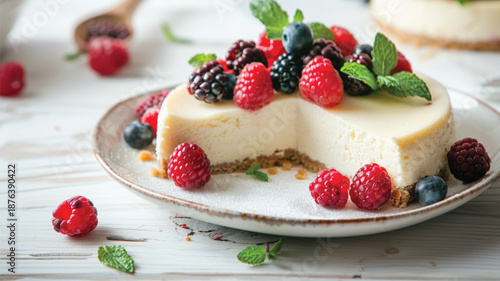 Slice of creamy cheesecake topped with fresh mixed berries and mint leaves, beautifully plated on a white wooden table 