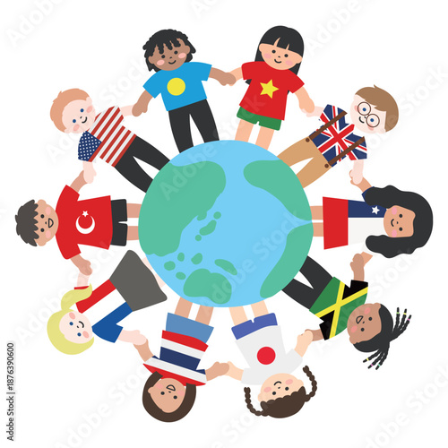 国旗風の服を着た子供たちが地球を囲んで手を繋ぐイラスト
