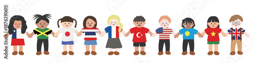 国際色豊かな国旗風の服を着た子供たちが手を繋いでいるイラスト