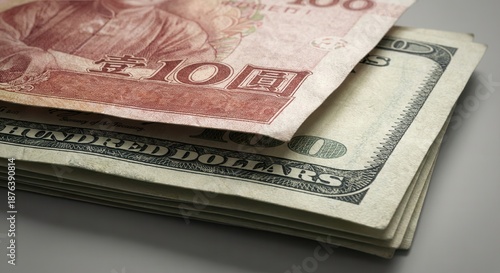 Stack of American dollar bills with Chinese yuan banknote on top, currency exchange concept.