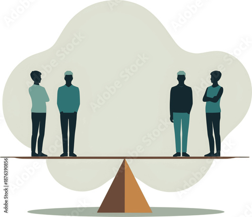 human silhouettes on a large balancing scale. Older adults stand with calm posture on one side while younger generations provide support from below, symbolizing social responsibility and demographic e