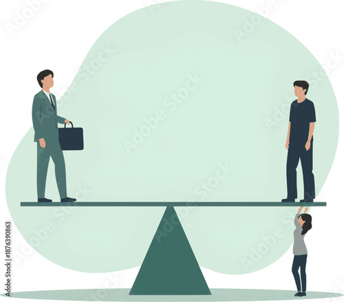 human silhouettes on a large balancing scale. Older adults stand with calm posture on one side while younger generations provide support from below, symbolizing social responsibility and demographic e