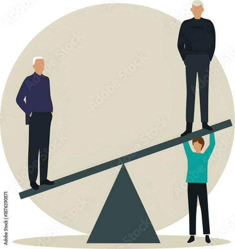 human silhouettes on a large balancing scale. Older adults stand with calm posture on one side while younger generations provide support from below, symbolizing social responsibility and demographic e
