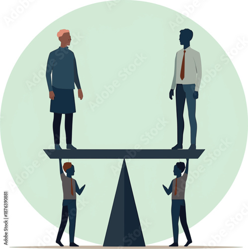 human silhouettes on a large balancing scale. Older adults stand with calm posture on one side while younger generations provide support from below, symbolizing social responsibility and demographic e