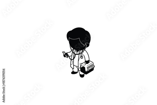 cartoon veterinarian holding stethoscope and pet carrier bag  checking animal health