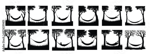 Silhouette collection of hammocks between trees and people relaxing