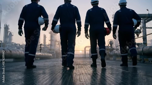 Industrial workers walking at sunrise on a platform overlooking an oil refinery, Back view of workers in safety gear at an industrial complex during dawn