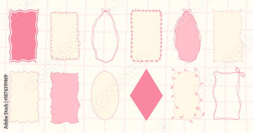 Trendy quirky Frame, cadre hand drawn pink Borders for Wedding Invitation, Whimsical chalk-style sketch ornaments, editable elements for social media, design on checkered bg.
