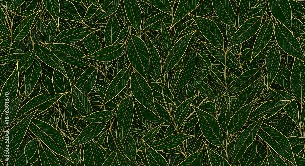 Fototapeta premium Rich dark green leaves with intricate golden outlines create a dense botanical pattern on a black background