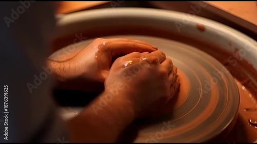 Artisan hands shaping wet clay on a spinning pottery wheel, close-up ceramic making process with warm studio light, handmade craftsmanship and creative hobby concept, generative AI