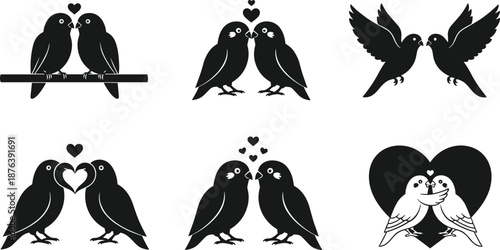 Romantic bird couple illustrations with hearts, lovebirds in flight and perched, valentine vector art for affection, romance, and love themes