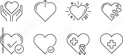 Heart icons set representing love, care, health, approval, support, joy, wellness, medical aid, validation, and emotional connection.